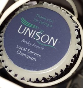 A cupcake printed with the message "Thank you for being a UNISON Bexley branch Local Service Champion"